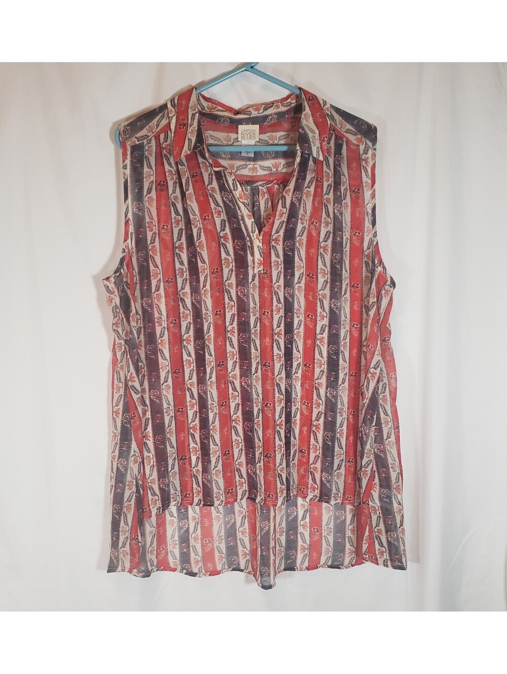 Canyon River Blues Womens XL Sheer Sleeveless Blouse Boho Floral Stripe Tunic